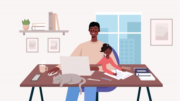 Premium Vector | Cute happy father sits with a baby and works at a laptop.  home office. man freelancer, remote work and raising a child at workplace.  family together with cat on