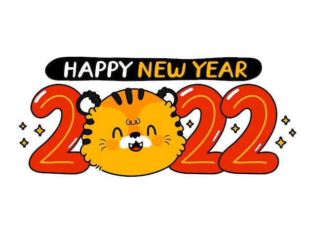 Cute happy funny 2022 new year symbol tiger and numbers