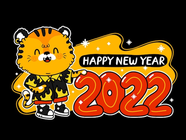 Cute happy funny 2022 new year symbol tiger and numbers