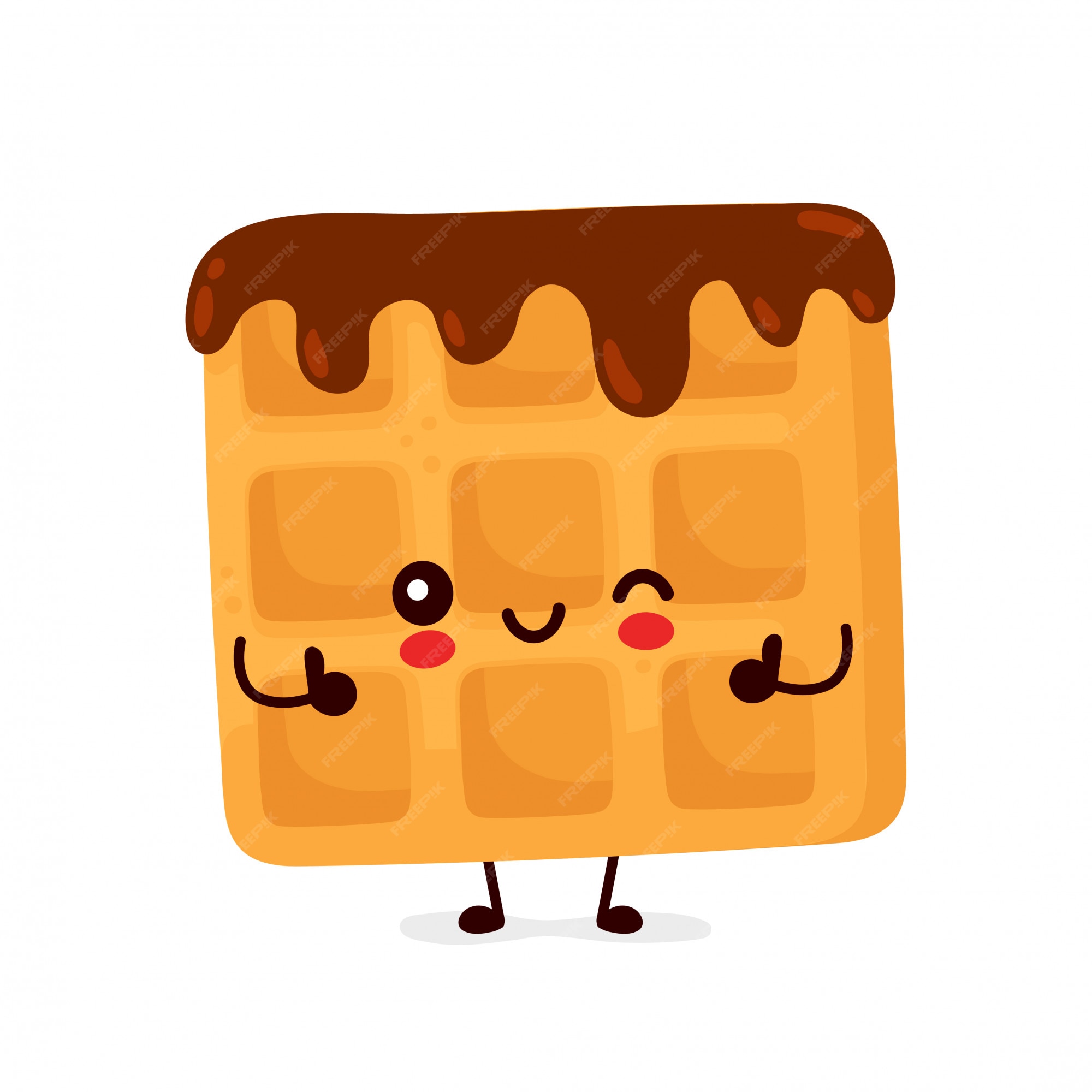チョコレートでかわいい幸せな面白いベルギーワッフル 漫画のキャラクターイラストアイコンデザイン 分離されました プレミアムベクター