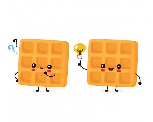 疑問符とアイデアの電球が付いたかわいい幸せな面白いベルギーワッフル 漫画のキャラクターイラストアイコンデザイン 分離されました プレミアムベクター