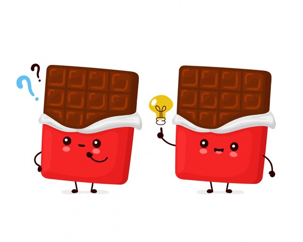 かわいい幸せな面白いチョコレートバー 漫画のキャラクターイラストアイコンデザイン 分離されました プレミアムベクター