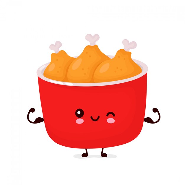 かわいい幸せな面白いフライドチキンバケツ 漫画のキャラクターイラストアイコンデザイン 分離されました プレミアムベクター