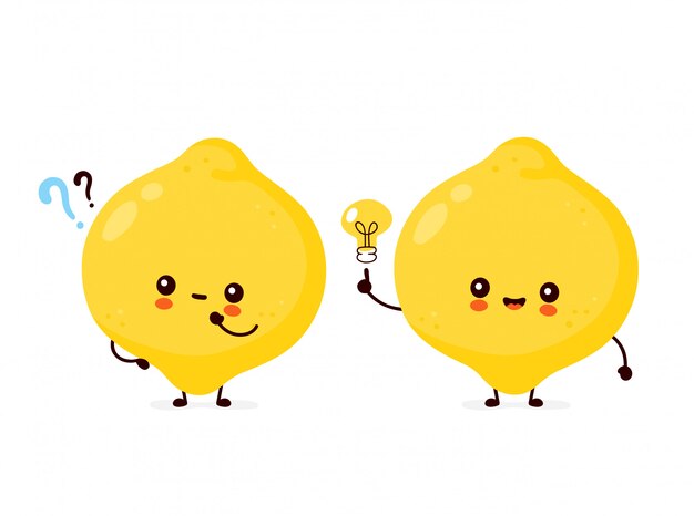 疑問符と電球のかわいい幸せな面白いレモンフルーツ 漫画のキャラクターイラストアイコンデザイン 分離されました プレミアムベクター
