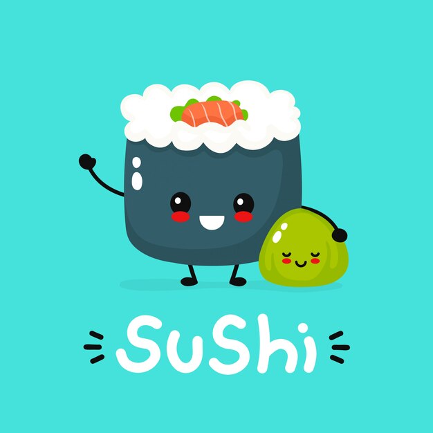 かわいい幸せな面白い笑顔の寿司 ロール フラット漫画キャラクターイラストアイコンデザイン アジア 日本料理 中国料理 日本の寿司キャラクター 配達のコンセプト プレミアムベクター