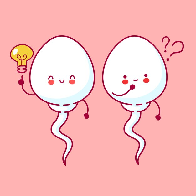 かわいい幸せな面白い精子細胞と卵子 ライン漫画かわいいキャラクターイラストアイコン 受精コンセプト プレミアムベクター