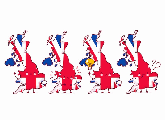 かわいい幸せな面白いイギリスの地図と国旗のキャラクター ライン漫画かわいいキャラクターイラストアイコン 白い背景の上 イギリス イギリスのコンセプト プレミアムベクター