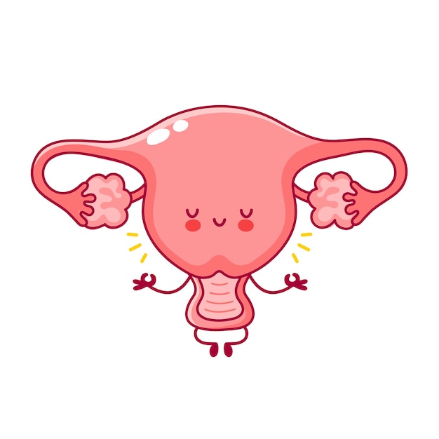 Cute happy funny woman uterus organ meditate