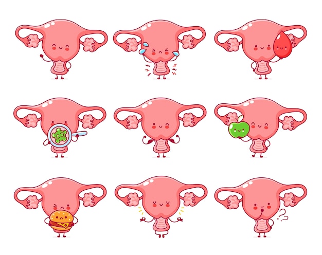 Cute happy funny woman uterus organ set collection. flat line cartoon kawaii character illustration icon. isolated on white background