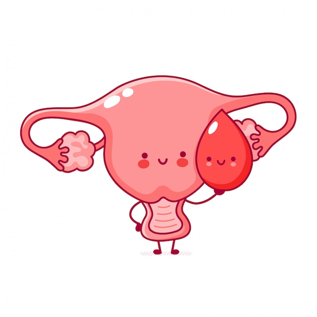 Cute happy funny woman uterus organ with blood drop.