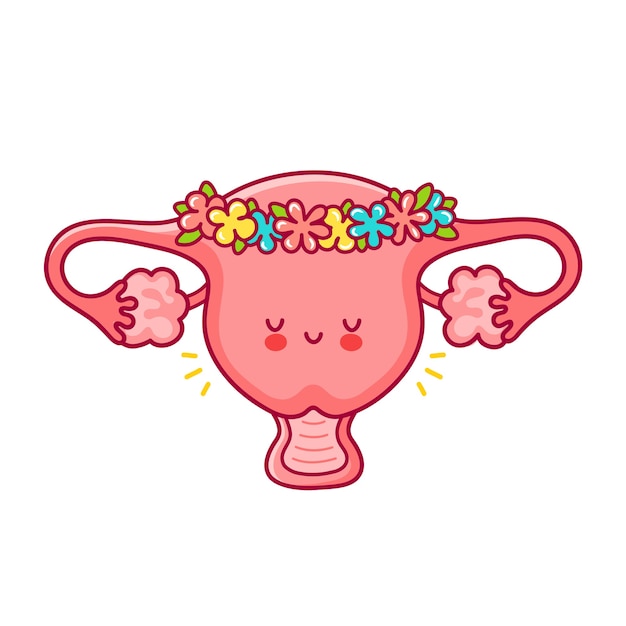 Cute happy funny woman uterus organ in wreath of flowers. Premium Vector