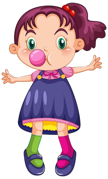 Cute happy girl cartoon character blowing bubble gum