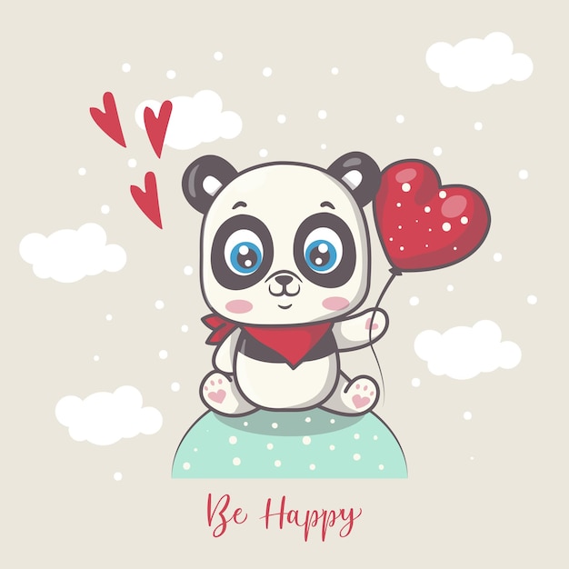 ハートの風船のイラストとかわいい幸せなパンダ プレミアムベクター