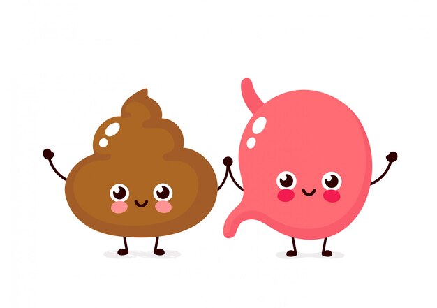 かわいい幸せな笑顔の胃とうんちのキャラクター ベクトルフラット漫画イラストデザイン 白で隔離 胃とたわごとの友人キャラクターコンセプト プレミアムベクター