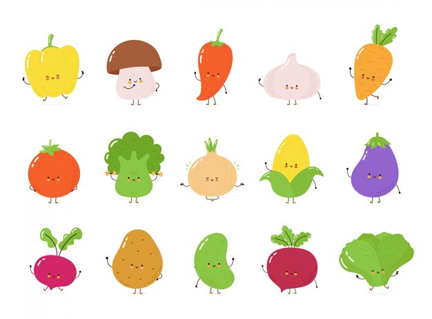 かわいい漫画の野菜は白い背景で隔離されました 収穫シーズンイラスト プレミアムベクター