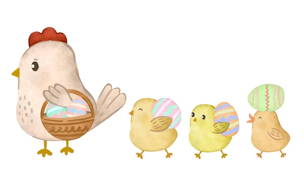 귀여운 암탉과 병아리 3마리가 걷고 행복으로 아름다운 부활절 달걀을 들고 그래픽 디자이너를 위한 만화 스타일의 귀여운 동물과 함께 행복한 부활절 날 인사말 카드 벡터 삽화를 만듭니다