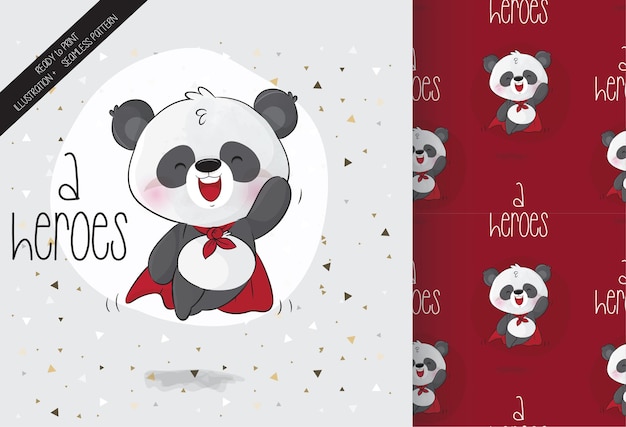 Free vector cute heroes baby panda character with seamless pattern