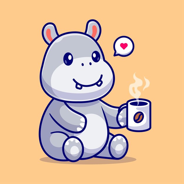 Cute Hippo Drinking Coffee Cartoon Vector Icon Illustration Animal Drink Icon Concept Isolated Flat