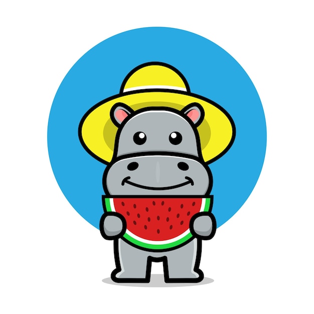 かわいいカバはスイカを食べる漫画イラスト プレミアムベクター
