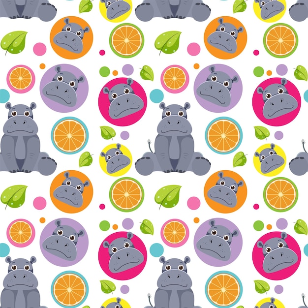 Free vector cute hippopotamus seamless pattern