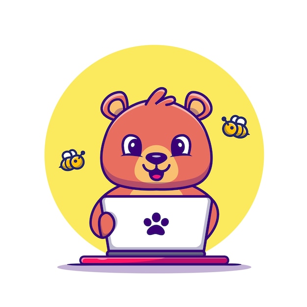 Милый медовый медведь работает ноутбук мультфильм векторные иллюстрации. Концепция животных технологии изолированных вектор. Плоский мультяшном стиле