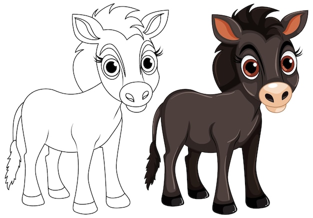 Free vector cute horse cartoon animal and its doodle coloring character