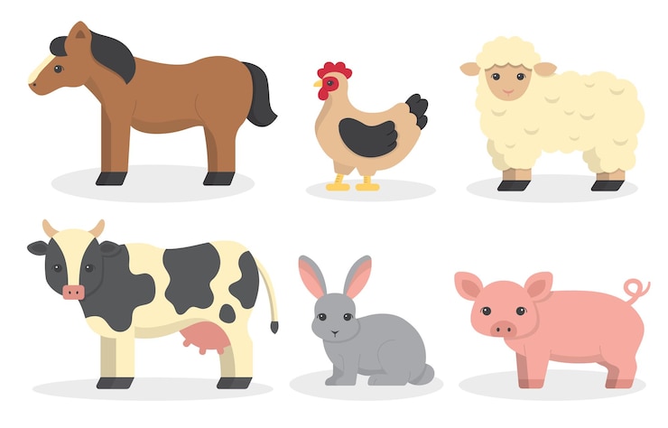 無料Vector かわいい馬鶏羊牛ウサギと豚動物白い背景の上の漫画の文字で手描きベクトルイラスト