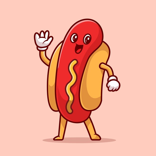 Cute Hotdog Waving Hand Cartoon Vector Icon Illustration Food Object Icon Concept Isolated Premium