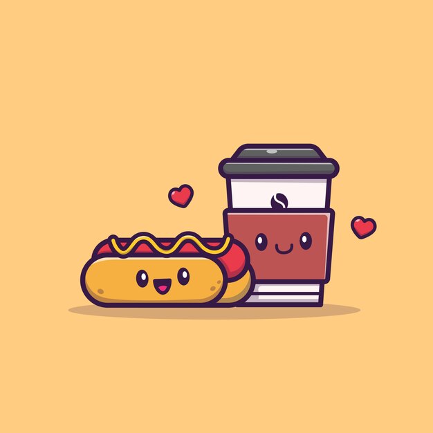 コーヒーアイコンイラストかわいいホットドッグ 食べ物や飲み物のアイコンの概念が分離されました フラット漫画スタイル プレミアムベクター