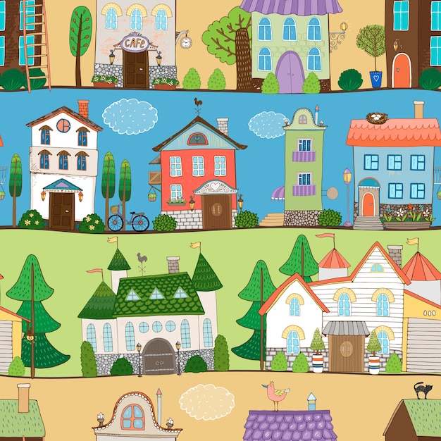 Free vector cute houses  castles and establishments design in different settings