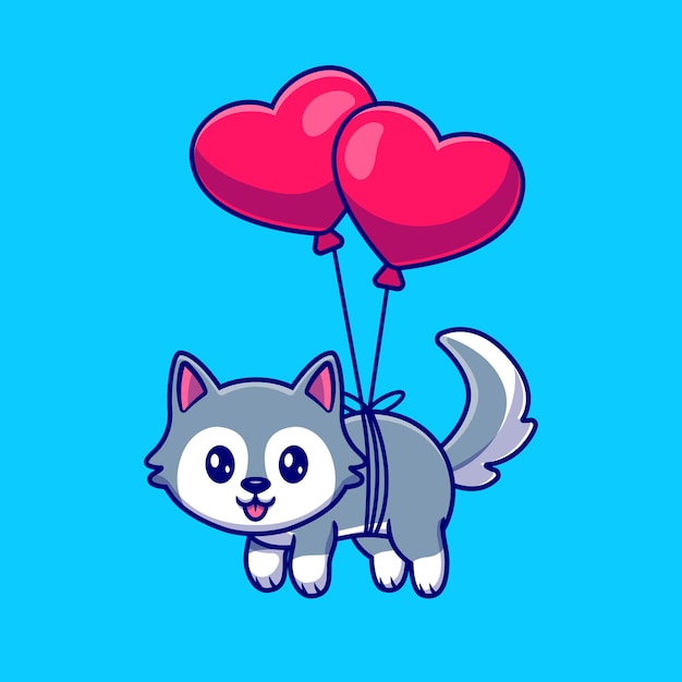 하트 풍선 만화 벡터 아이콘 일러스트와 함께 떠있는 귀여운 허스키 강아지.