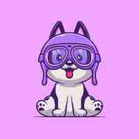 Free vector cute husky dog pilot cartoon vector icon illustration. animal transportation icon concept isolated