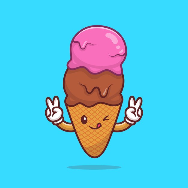 Cute Ice Cream Cone Cartoon Vector Icon Illustration. Food Beverage Icon Concept Isolated Premium Vector. Flat Cartoon Style