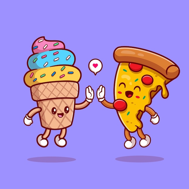 Cute ice cream cone high five with pizza cartoon vector icon illustration food friend isolated flat