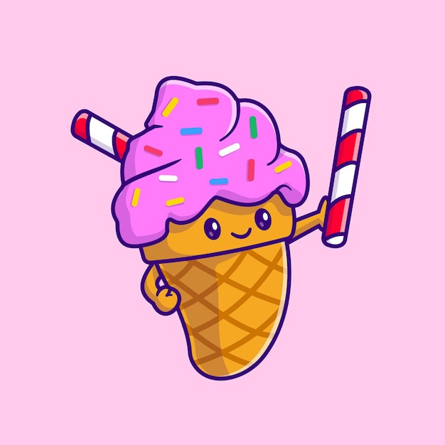 Cute ice cream cone holding straw cartoon vector icon illustration food object icon concept isolated