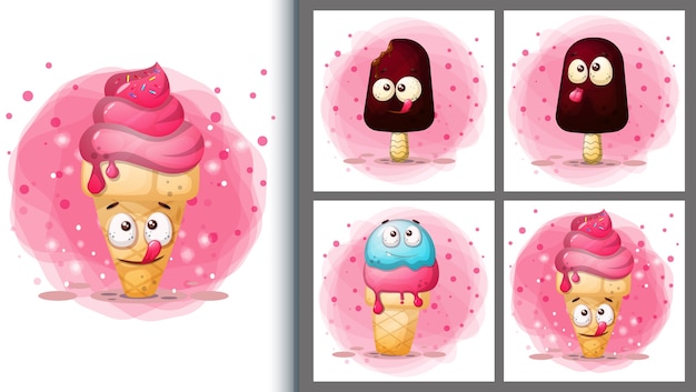 かわいいアイスクリームイラストセットとポスターキャラクター プレミアムベクター