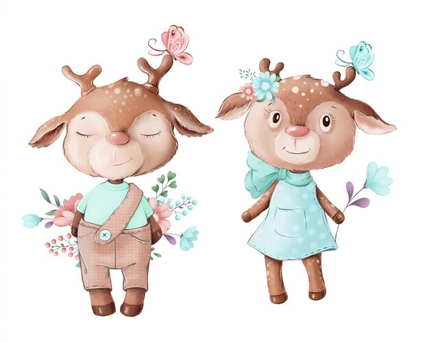 鹿の男の子と女の子のかわいいイラスト プレミアムベクター