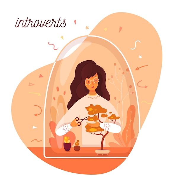内向的な個性のかわいいイラスト 内向的な女性は盆栽植物を気遣う プレミアムベクター