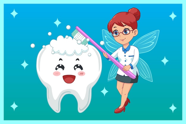 かわいいイラスト 歯の妖精の歯磨き プレミアムベクター