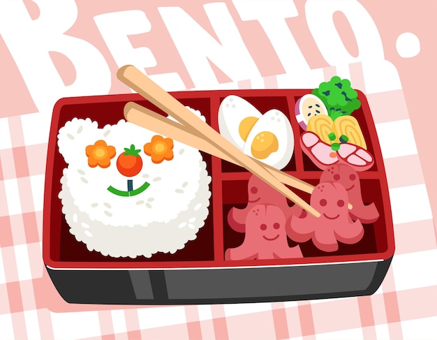 かわいいお弁当やお弁当 ご飯とおかずのイラスト プレミアムベクター