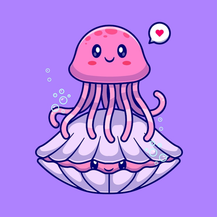 Free Vector cute jellyfish standing on shell pearl cartoon vector icon illustration. animal nature isolated