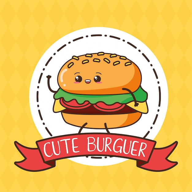 Cute kawaii burger on label, food design, illustration