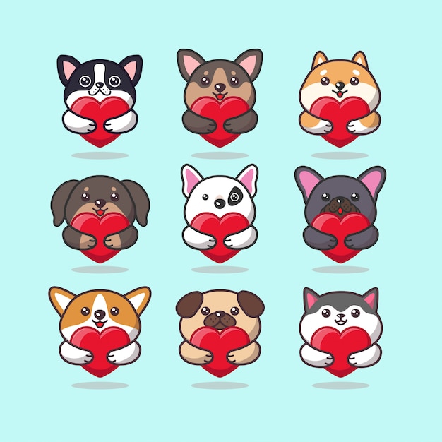 かわいいカワイイ犬の動物は赤いハートを抱いて絵文字を気遣う プレミアムベクター