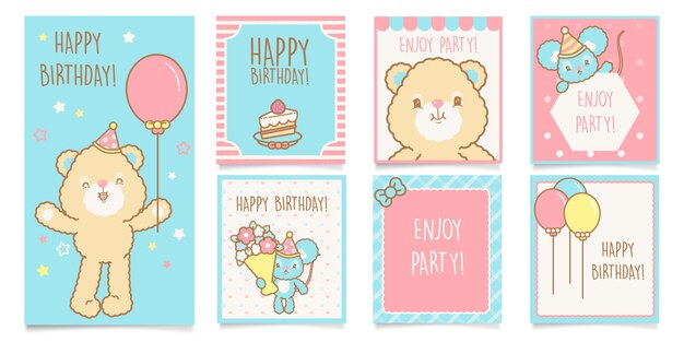 Premium Vector Cute Kawaii Happy Birthday Greetings Set