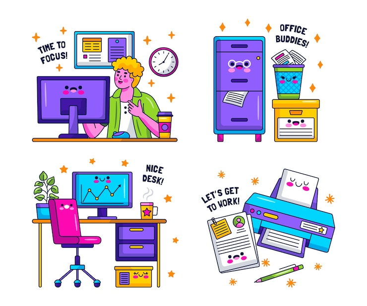 Free Vector cute kawaii office sticker collection