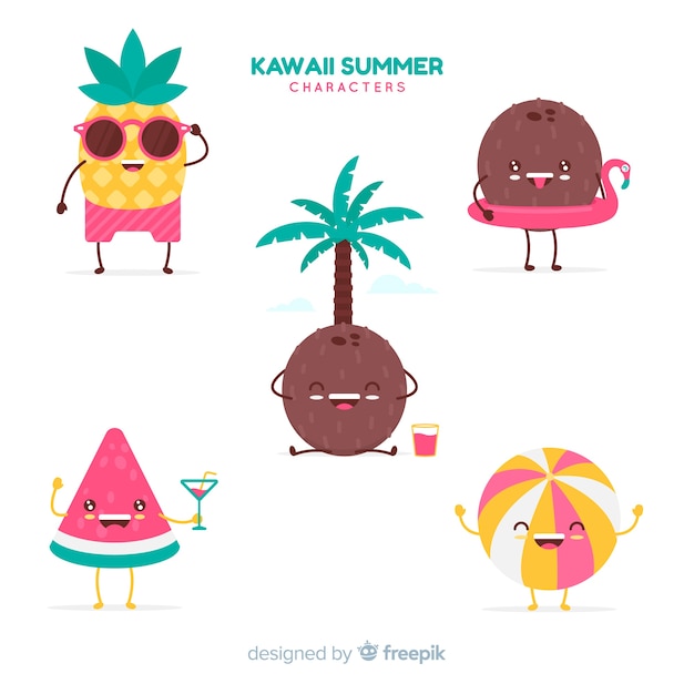 Vettore gratuito collezione di simpatici personaggi kawaii d'estate