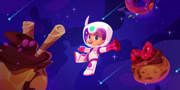 Free vector cute kid astronaut flying in fantasy space with planets sweet baked dessert and holding raspberry cartoon vector happy smiling child boy cosmonaut in spacesuit and helmet floating in cosmos candyland