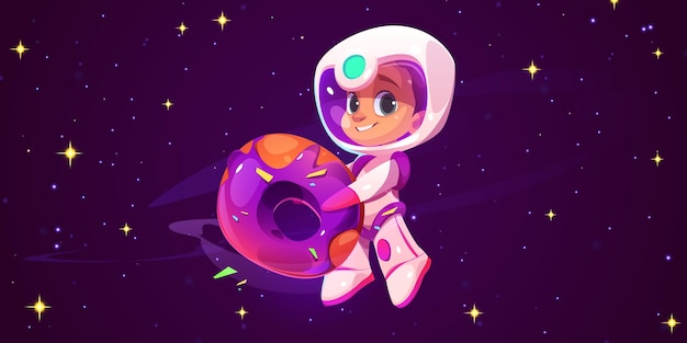 Vettore gratuito carino bambino astronauta che vola nello spazio fantastico e tiene in mano una grande ciambella vettore di cartoni animati sorridente bambino cosmonauta in tuta spaziale e casco che galleggia nel cosmo candyland universo con dolce dessert al forno