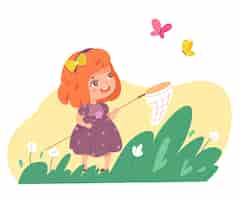 Free vector cute kid catching butterfly in net girl capturing bug in nature playing time at playground or in park with grass and flowers