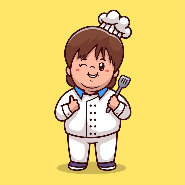 Cute Kid Chef Holding Spatula Cartoon Vector Icon Illustration People Food Icon Concept Isolated